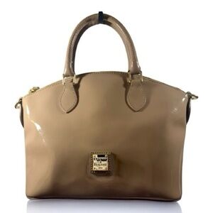 Dooney & Bourke Patent Leather Domed Satchel Bag-Tan-Classic Style Purse